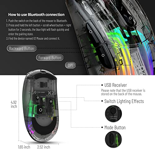 Wireless Gaming Mouse PC Transparent Shell Computer Mice with Dual Mode BT5.0/2.4G,PixArt Chip 3D RGB Lighting,Ergonomic 7 Buttons,Rechargeable Mute Mouse for PC Laptop Tablet PS4 PS5 Xbox one - color: Black