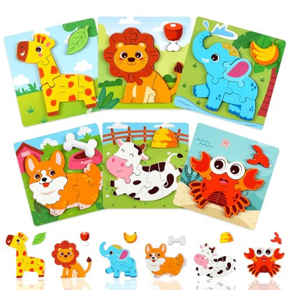 Wooden Puzzles for Toddlers 1-3, 6pcs Animal Jigsaw Puzzles for Toddlers, Montessori Educational Learning Toys for Kids Ages 1-4,Gifts for Boys Girls