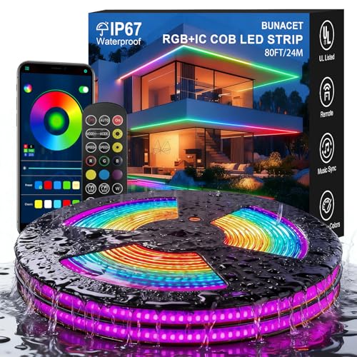 80ft COB RGB+IC LED Strip Lights, Bright Dream Color COB LED Light Strip | with RF Remote App Control Music Sync Color Changing for Garden Outdoor Home Decor Pool Patio Party DIY Decoration-2 Rolls - size: 80FT