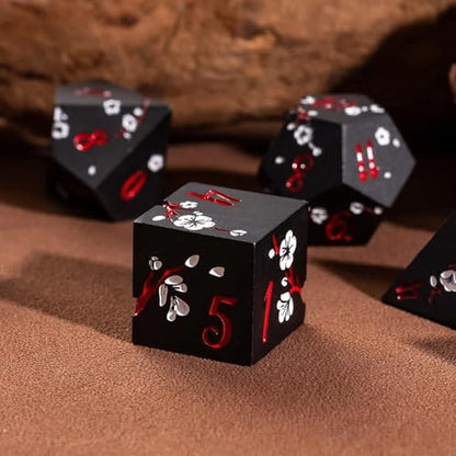UDIXI Metal Dice Set D&D, 7PCS Flower Metal DND Dice Set Black for RPG | White Flower, Metal Case Packaging, Heavy Metal Dice, D&D Gift, for Dungeons and Dragons Role Playing Games Tabletop Games - color: Black-red