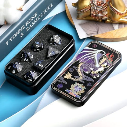 Glitter Blue D&D Metal Dice, DNDND 7 PCS Flower Metallic DND Dice Set with Gorgeous Gift Case for Dungeons and Dragon Tabletop Game (Matte Black with Glitter Blue Flower) - color: Flower Glitter Blue