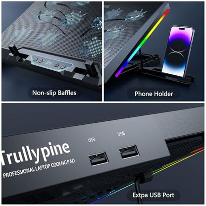 Laptop Cooling Pad with 12 Quiet Fans, Slim Portable for 12-17.3 Inch Laptop Cooler Stand, RGB Lighting, with 5 Height Adjustable, Gaming Cooling Fan Pad,Two USB Ports, Phone Holder (LCD) - size: 12Fan-LCD