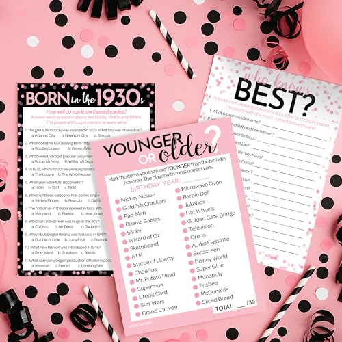 DISTINCTIVS Pink 90th Birthday Games Set, Born in the 1930s, 20 Guests | 5" x 7" Dual-Sided Cards, Who Knows Best, Older or Younger, and 1930s Trivia Games, Answer Keys Included - color: Pink
