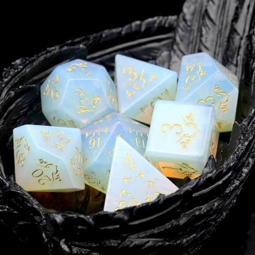 Haxtec Opal Gemstone DND Dice Set with Dice Case Precious Gemstone Dice Set for Dungeons and Dragons TTRPG Gifts for Dungeons Masters - color: White Gold