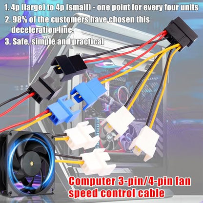 2Pcs Large 4-pin to Small 4/3-pin Fan Speed Control Cable, 1-to-4 Splitter, 3-Speed Settings (12V/7V/5V), Computer case Fan Power Splitter (22AWG, 12cm)