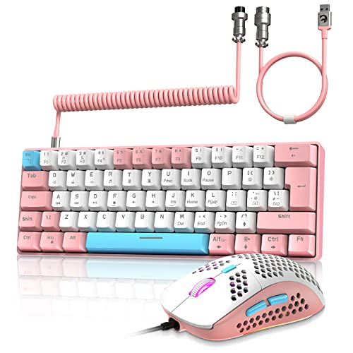 ZIYOU LANG RK-T60 Wired Mechanical Gaming Keyboard and Mouse Combo - Pink | Mini with Rainbow Backlit, 62-Key, NKRO, Blue Switch; 6400 DPI, RGB Honeycomb Mice, Coiled Aviator Cable, for PS4/PC/WIN - color: Pink, size: Keyboard + Mouse + Coiled Cable