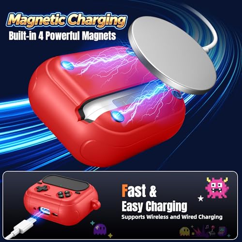 Getino Retro Game Case for AirPods Pro 3 | Game Console Design Protective Cover with Foldable Stand, Secure Lock Anti-Drop Shockproof PC+TPU Case, Keychain & Cleaning Kit for Men & Boys, Red - color: Red