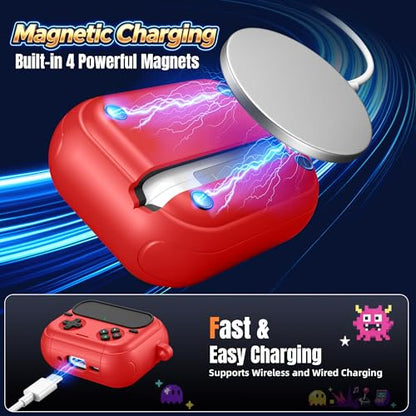 Getino Retro Game Case for AirPods Pro 3 | Game Console Design Protective Cover with Foldable Stand, Secure Lock Anti-Drop Shockproof PC+TPU Case, Keychain & Cleaning Kit for Men & Boys, Red - color: Red