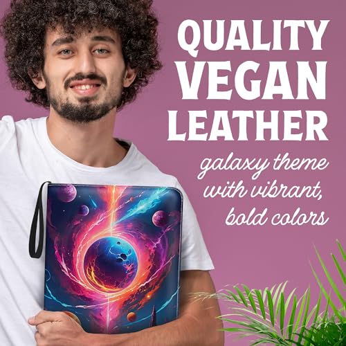 Premium Sports Card Trading Binder, Galaxy Design with Planets, Mountains & Fire, PU Leather, 900 Card Capacity, 50 Double Sided 9 Pocket Sleeves, 3 Ring Metal Binder, Zipper & Handle
