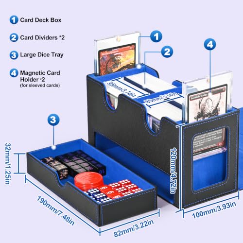 UAONO 3-in-1 MTG Commander Deck Box, Black Blue | 2 Magnetic Card Holders & 1 Dice Tray, Fits 200 Double Sleeved, Card Organizer Compatible with Magic the Gathering - color: Black&Blue