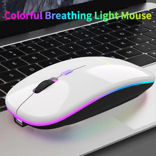 MMK Wireless Bluetooth Mouse, 2.4G Rechargeable Optical Mouse for Laptop | LED Slim Dual Mode (Bluetooth 5.0 and 2.4G) Wireless Mouse for Laptop, PC, Mac OS, Android, Windows (Silver) - color: Silver