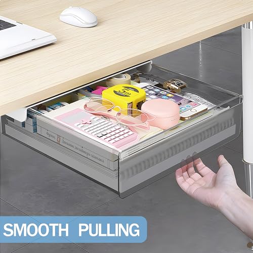 SVNNELP Large Under Desk Table Drawer Storage Organizer A4, Hidden Self-Adhesive Under Desk Pencil Tray Drawer for Office (Clear Black/L) - size: L