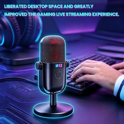 USB Microphone for PC Gaming, Condenser Mic with RGB Gradient, Noise Reduction, Round Stand Desk Podcast Mic for YouTube, Streaming, Podcasting & Recording