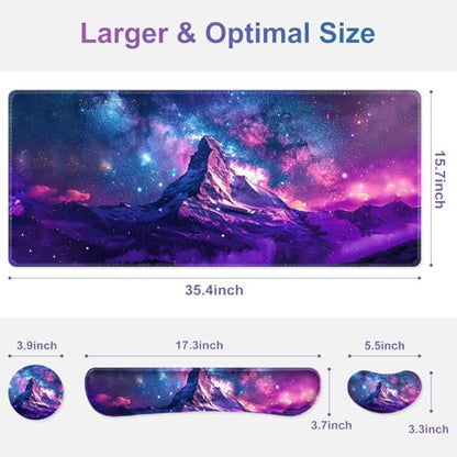 Large Gaming Mouse Pad Set, Purple 4 in1 Ergonomics Keyboard Desk Mat with Memory Foam Wrist Rest, Extended Game Mousepad, Non-Slip Desk Pad Matt Easy Typing Pain Relief I Galaxy Mountain - color: Galaxy Mountain