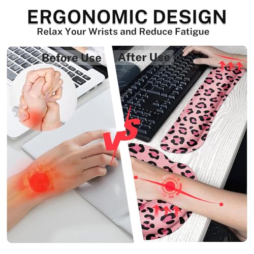 Arttown Keyboard Mouse Pad Set, 4 in 1 Desk Mat Set Leopard Pink | Black Animal Print Large Mousepad+Keyboard Wrist Rest+Mouse Wrist Rest+Coaster Ergonomic Design for Home Office Computer - color: Pink Black Leopard