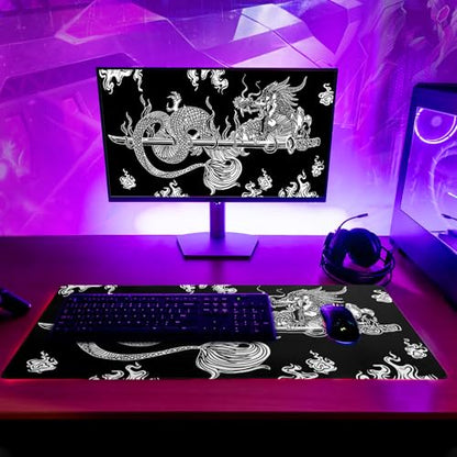 Dragon Gaming Mouse Pad - Black, Large (31.5x11.8 Inch), Non-Slip Base, Stitched Edge for Gaming & Office - color: Dragon
