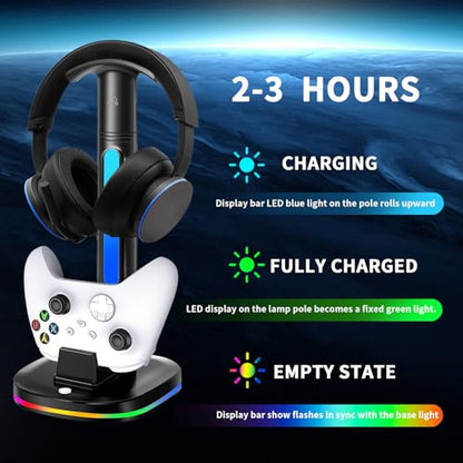 Xbox Headphone Stand with Controller Charger, RGB Xbox Controller Charging Station Headset Stand for Xbox Series X/S/One/One X/One S Charging, Equipped with 1 * 5180mWh Rechargeable Xbox Battery Pack