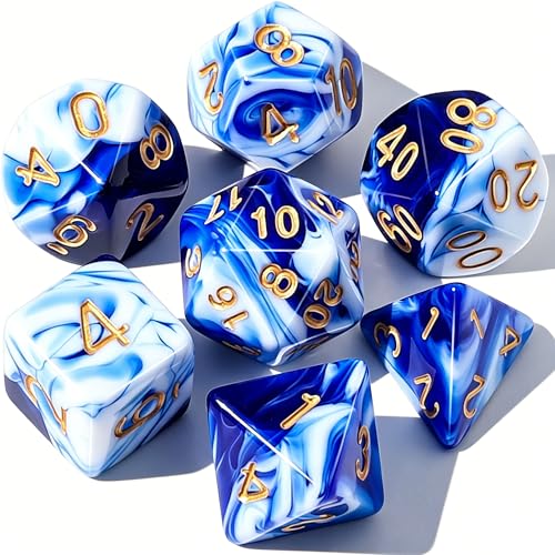 CiaraQ 7pcs Polyhedral Dice Set for Dungeon and Dragons MTG Table Games | Acrylic Role Playing Dice for D&D with Black Velvet Bag – Blue & White Marble Swirl with Gold Numbers - color: Blue & White Marble Swirl With Gold Numbers