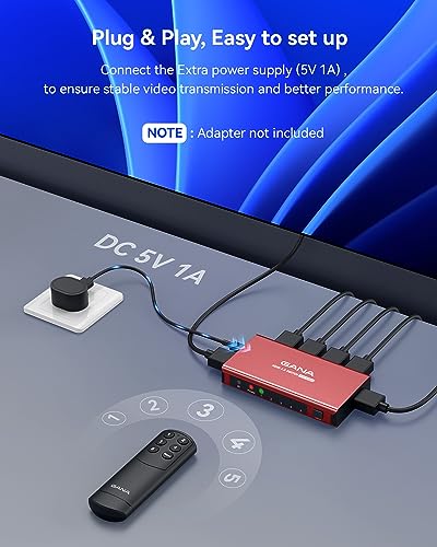 HDMI Switch 5 in 1 Out 4K@60Hz, GANA HDMI Splitter Switcher with Remote, Aluminum HDMI 2.0 Switch Box Hub for 3D, HDCP2.2, HDR, Compatible with Xbox, PS5/4/3,Fire Stick,Roku,Blu-Ray Player, Red - color: Red