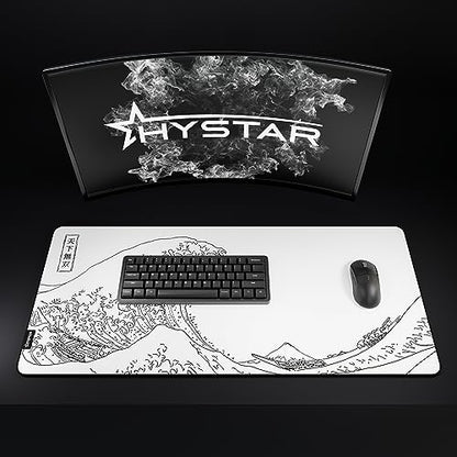 Hystar® Extended Gaming Mouse Pad | XXL 36" x 16" | 5mm Thick, Waterproof Surface, Smooth Polyester Fabric, and Natural Rubber Base | The Great Wave (White) - color: White, size: 36L x 16W inches