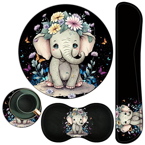 Mouse Pad + Keyboard Wrist Rest + Mouse Wrist Rest Support Set + Coaster, Ergonomic Memory Foam Mouse and Keyboard Pad Set for Laptop Computer Office Home Working Gaming - Elephant Flower - color: Elephant Flower