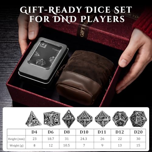 MoKo Dragon Hollow Metal DND Dice Set, Silver | 7 Pcs Polyhedral, D20 D12 D10 D8 D6 D4, For Dungeons and Dragons RPG Games, With Gift Box - color: 4 - Sliver