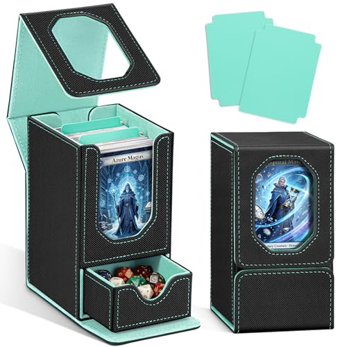 Card Deck Box for MTG Commander, Fits 100+ Double-Sleeved Cards Card Case | with Detachable Dice Tray, 2 Dividers, Removable lid, Trading Card Storage Box, Sturdy and Durable, Fits TCG/PTCG/Sports Card - color: Black and Cyan