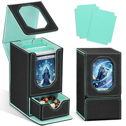 Card Deck Box for MTG Commander, Fits 100+ Double-Sleeved Cards Card Case | with Detachable Dice Tray, 2 Dividers, Removable lid, Trading Card Storage Box, Sturdy and Durable, Fits TCG/PTCG/Sports Card - color: Black and Cyan