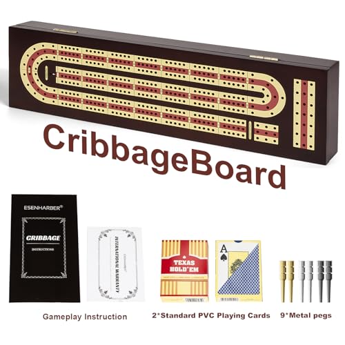 ESENHARBER Cribbage Board Game Set, Premium Wooden Board with Magnetic Lock and Metal Pegs, 2 Playing Cards, and Large Storage - Travel-Friendly Continuous 3 Track Board - style: Classic