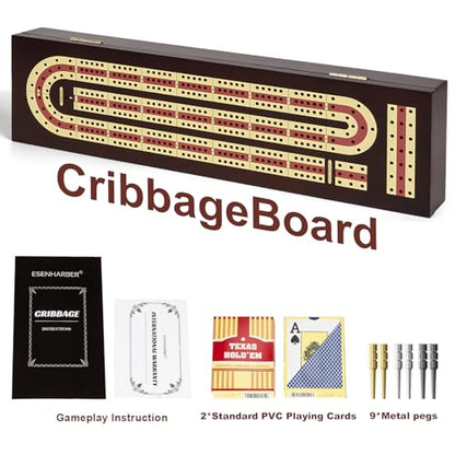 ESENHARBER Cribbage Board Game Set, Premium Wooden Board with Magnetic Lock and Metal Pegs, 2 Playing Cards, and Large Storage - Travel-Friendly Continuous 3 Track Board - style: Classic