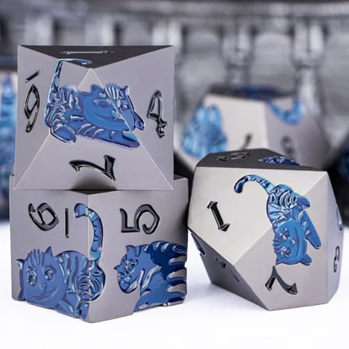Metal DND Cat Dice 7PCS Polyhedral RPG Dice Set with Gift Case for Dungeons Dragons Role Playing Game, D and D Dice D6 D8 D10 D12 D20 D% (Grey Blue) - color: Cat-grey Blue