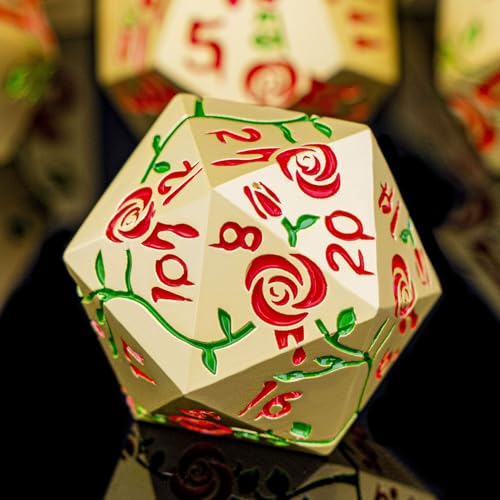 Gothic DND Dice Set Bleeding Rose Metal D and D Dice for use with Dungeons Dragons D&D Role Playing Game, Golden Red RPG Polyhedral Dice Set D20 D12 D10 D8 D6 D4 - color: Red&gold&red Numbers
