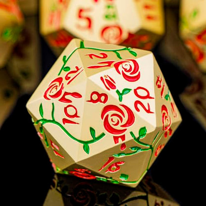 Gothic DND Dice Set Bleeding Rose Metal D and D Dice for use with Dungeons Dragons D&D Role Playing Game, Golden Red RPG Polyhedral Dice Set D20 D12 D10 D8 D6 D4 - color: Red&gold&red Numbers