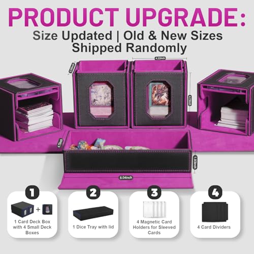 Trading Card Storage Box with Commander Display for MTG, TCG, Sports Cards, 5-in-1 Card Deck Box, Holds 450+ Double-Sleeved Cards, 4 Individual Deck Cases with Covers, Dice Tray & Magnetic Holders - color: Black & Purple