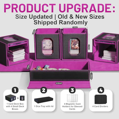 Trading Card Storage Box with Commander Display for MTG, TCG, Sports Cards, 5-in-1 Card Deck Box, Holds 450+ Double-Sleeved Cards, 4 Individual Deck Cases with Covers, Dice Tray & Magnetic Holders - color: Black & Purple