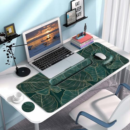 Desk Mat Set Keyboard and Mouse Pad with Wrist Rest Support | Ergonomic,Pain Relief, 4-in-1 Large Big Mousepad Computer Mats,Desk Pad Matt Mats for Desktop Home & Office - color: M-Green Leaves