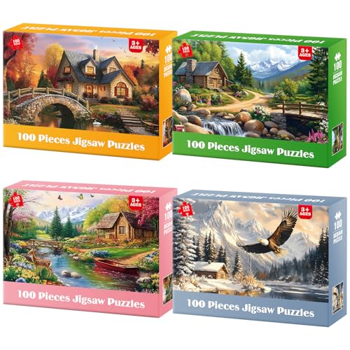 4-Pack 100 Piece Puzzles for Seniors Country Life Large Piece Puzzles for Seniors Puzzle Dementia Alzheimer's Products Activities for Elderly Adults Kids Puzzle for Kids Ages 6-8 8-10 - style: Country Life
