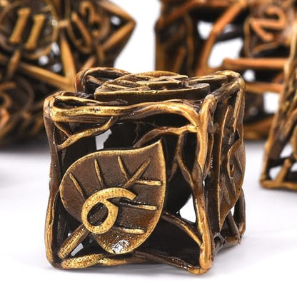 AUSTOR 7 Pieces DND Dice Set Leaf Metal Hollow Polyhedral Dice D20 D12 D10 D% D8 D6 D4 with Metal Box for Dungeons & Dragons RPG Board Games(Antique Gold) - color: Antique Gold
