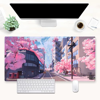 Pink Anime Sakura Desk Mat, Japanese Street Large Mouse Pad 31.5x15.7 in | Cozy anime cherry blossom desk pad with 3mm plush cushion, smooth fabric top, and non-slip rubber core. - color: Anime 02