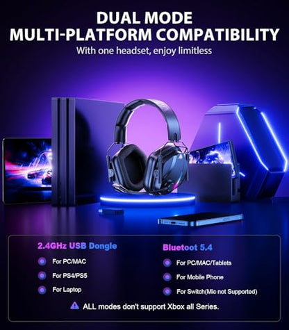 Vakedy Wireless Gaming Headset for PS5, PS4, PC, 2.4GHz Low-Latency & Bluetooth 5.4 Gaming Headphone with Noise Canceling Mic, 50mm Drivers, 50H Battery Wireless Headset for Switch, Mobile, Mac - color: Matte Black