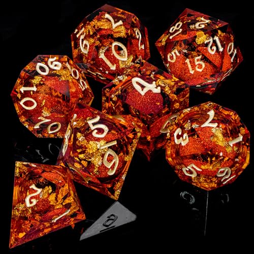 ARUOHHA Liquid Core DND Dice Set, 7pcs Resin Sharp Edged Dragons Dice Compatible with D&D Role Playing Games, RPG Golden Numbers Red Dungeons Polyhedral Dice with Gift Box, D and D Dice Set D20 D10 D6 - color: Golden Red