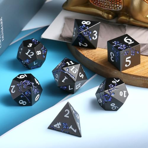 Glitter Blue D&D Metal Dice, DNDND 7 PCS Flower Metallic DND Dice Set with Gorgeous Gift Case for Dungeons and Dragon Tabletop Game (Matte Black with Glitter Blue Flower) - color: Flower Glitter Blue