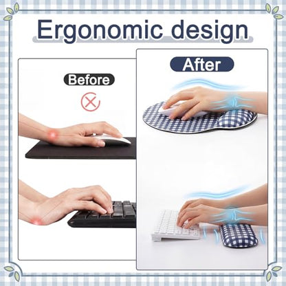 Tellegloww Wrist Rest Support for Mouse Pad&Keyboard Set, Navy Blue Gingham Checkered Circle Curved Ergonomic Mousepad&Coaster Non-Slip Base Design for Office Home Laptop Desktop Computer Keyboard - color: Navy Blue