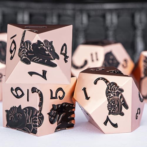 Metal DND Cat Dice 7PCS Polyhedral RPG Dice Set with Gift Case for Dungeons Dragons Role Playing Game, D and D Dice D6 D8 D10 D12 D20 D% (Copper Black) - color: Cat-copper Black
