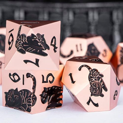 Metal DND Cat Dice 7PCS Polyhedral RPG Dice Set with Gift Case for Dungeons Dragons Role Playing Game, D and D Dice D6 D8 D10 D12 D20 D% (Copper Black) - color: Cat-copper Black