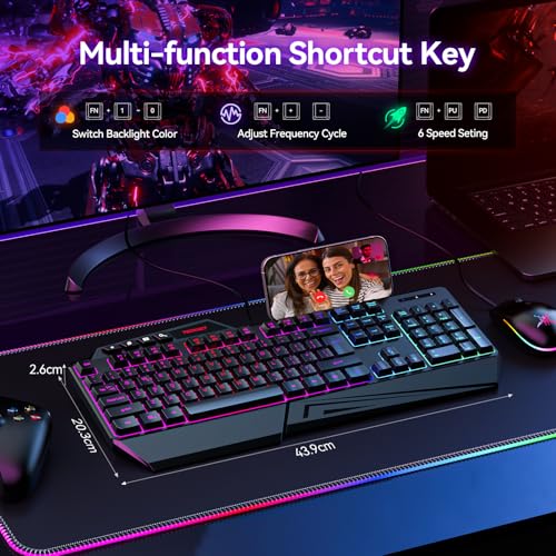 TECKNET Wired RGB Gaming Keyboard - 26-Key Anti-Ghosting, 13 Lighting Modes, Spill-Resistant, 108 Membrane Keys, Plug & Play - with Ergonomic Wrist Rest & Phone Holder for Windows/Mac (Black)
