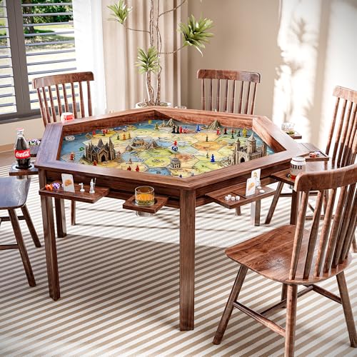 Board Game Table, 59" Hexagon Gaming Table with Removable Table Top & Poker Mat for 6 Players, Includes Detachable Cup Holders and Trays for Dining, Card, DND, Poker in Walnut - size: Hex w/Two Mats