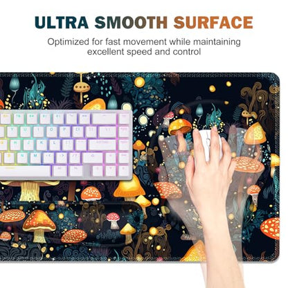 Gaming Mouse Pad, Large Desk Mat Cute Desk Pad Protector, 4in1 XXL Mousepad | + Keyboard Wrist Rest+Mouse Wrist Rest+Coaster Set with Ergonomic Desk Pad for Home Office Table Computer, Lovely Mushroom - color: Lovely Mushroom