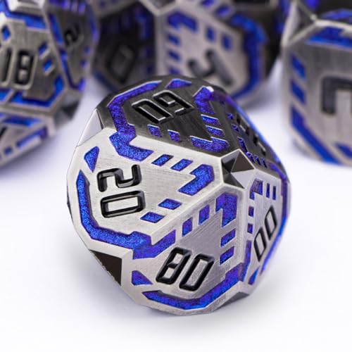Metal DND Sci-fi Dice Set 7PCS Stripe Polyhedral Dice for Dungeons Dragons RPG Role Playing Game, Glitter D and D Dice with Gift Box D6 D8 D10 D12 D20 (Blue Purple&Grey) - color: Silver Gray - Blue