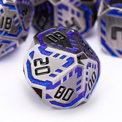 Metal DND Sci-fi Dice Set 7PCS Stripe Polyhedral Dice for Dungeons Dragons RPG Role Playing Game, Glitter D and D Dice with Gift Box D6 D8 D10 D12 D20 (Blue Purple&Grey) - color: Silver Gray - Blue
